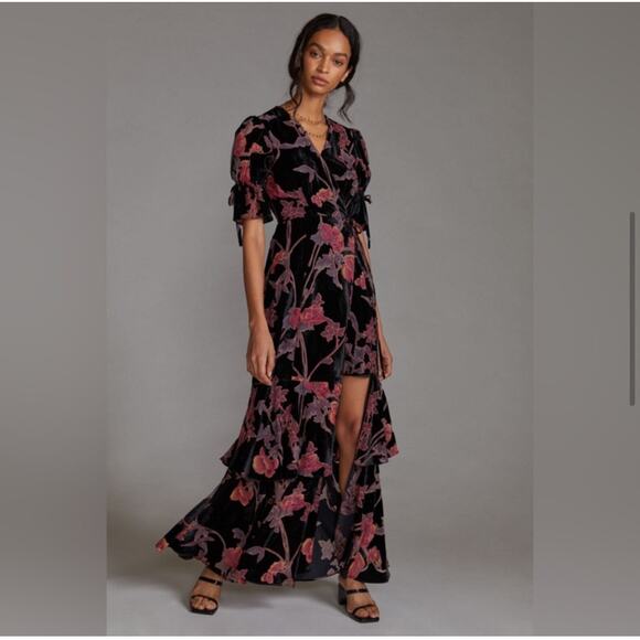 Hutch Black Motif Tiered Velvet Wrap Dress Size X Small - Picture 3 of 8